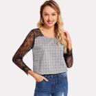 Shein Floral Lace Insert Plaid Blouse
