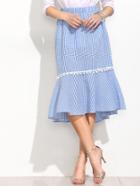 Shein Blue Plaid Pom Pom Trim Fishtail Skirt