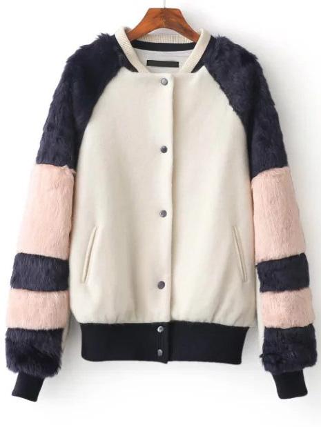 Shein White Color Block Faux Fur Jacket