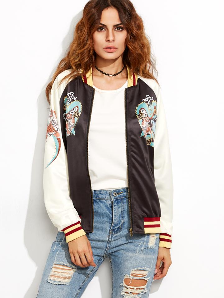 Shein Black Striped Trim Contrast Raglan Sleeve Printed Bomber Jacket