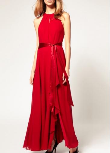 Rosewe Round Neck Sleeveless Red Chiffon Maxi Dress