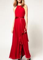Rosewe Round Neck Sleeveless Red Chiffon Maxi Dress