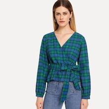 Shein Waist Belted Wrap Plaid Peplum Top