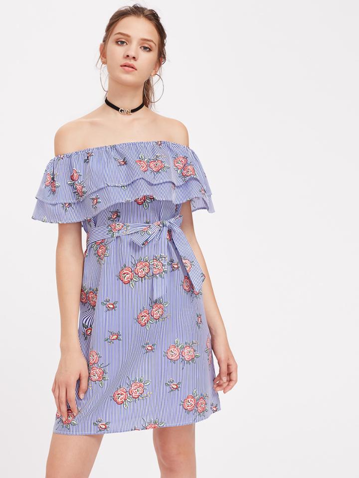 Shein Flounce Layered Neckline Vertical Striped Florals Dress