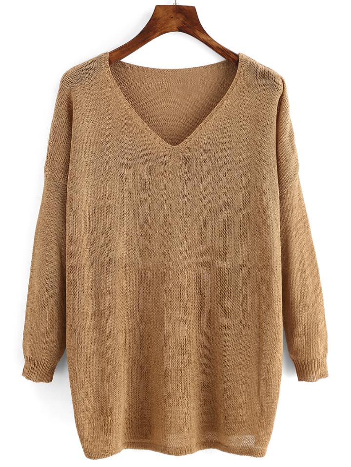 Shein Khaki V Neck Loose Knitwear