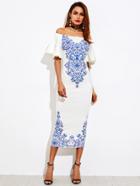 Shein Bell Sleeve Porcelain Print Bardot Dress