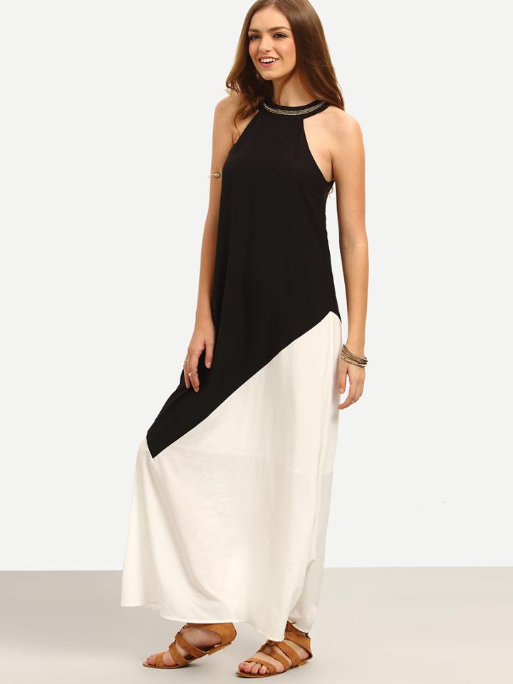 Shein White Black Contrast Cutaway Keyhole Back Maxi Dress