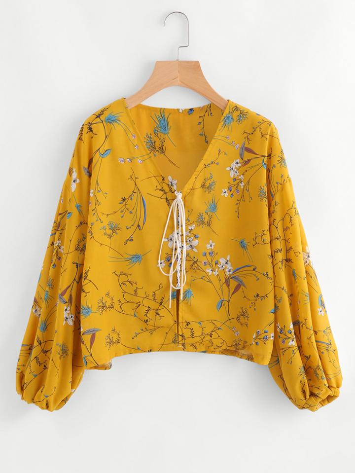 Shein Drop Shoulder Lantern Sleeve Lace Up Blouse
