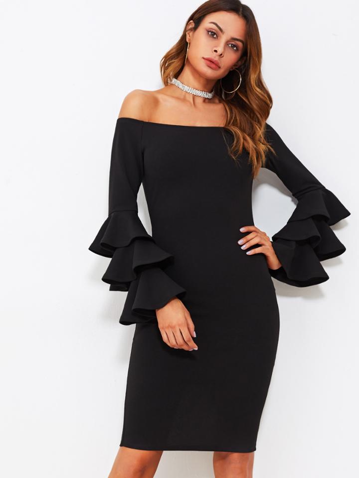 Shein Tiered Trumpet Sleeve Slit Back Bardot Dress