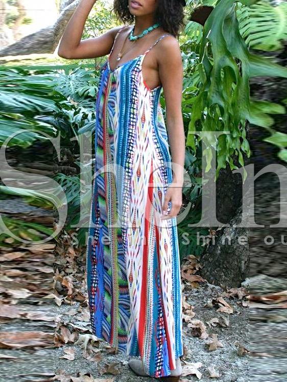 Shein Multicolor Spagettic Strap Tribal Print Maxi Dress