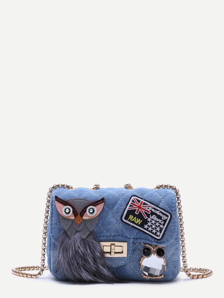 Shein Night Owl Embellished Denim Box Chain Bag