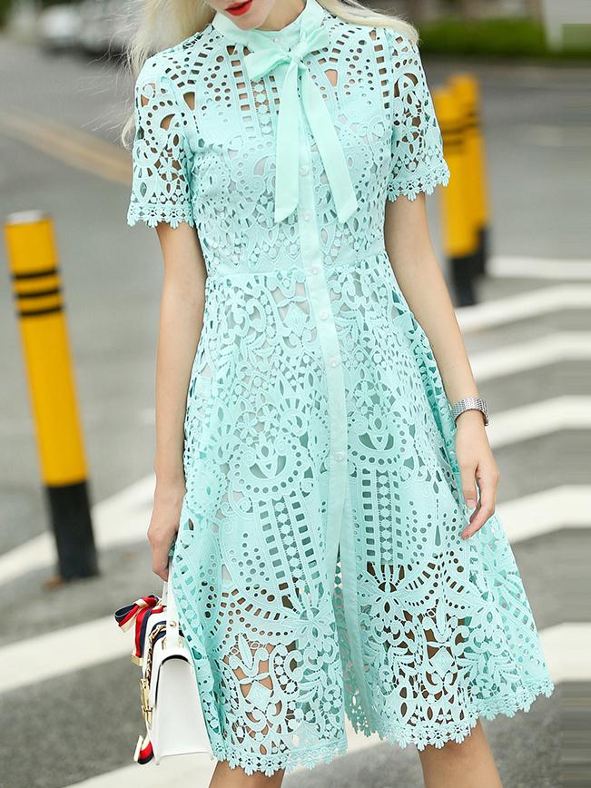 Shein Green Tie Neck Crochet Hollow Out Dress