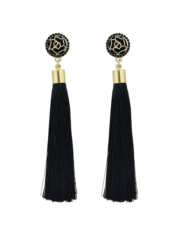 Shein Black Ethnic Jewelry Flower Decoration Long Tassel Drop Earrings