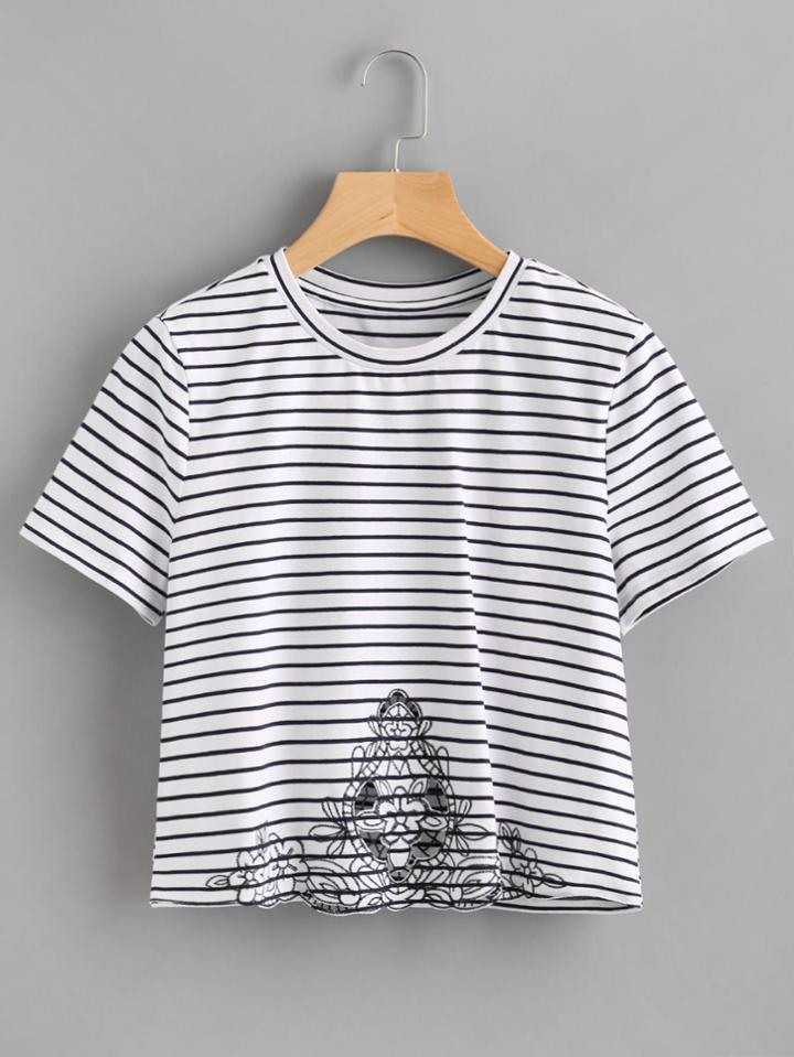 Shein Cutout Flower Embroidered Hem Striped Tee