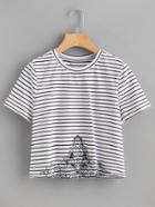 Shein Cutout Flower Embroidered Hem Striped Tee