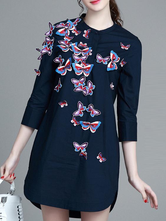 Shein Navy Crew Neck Bows Furcal Shirt Dress