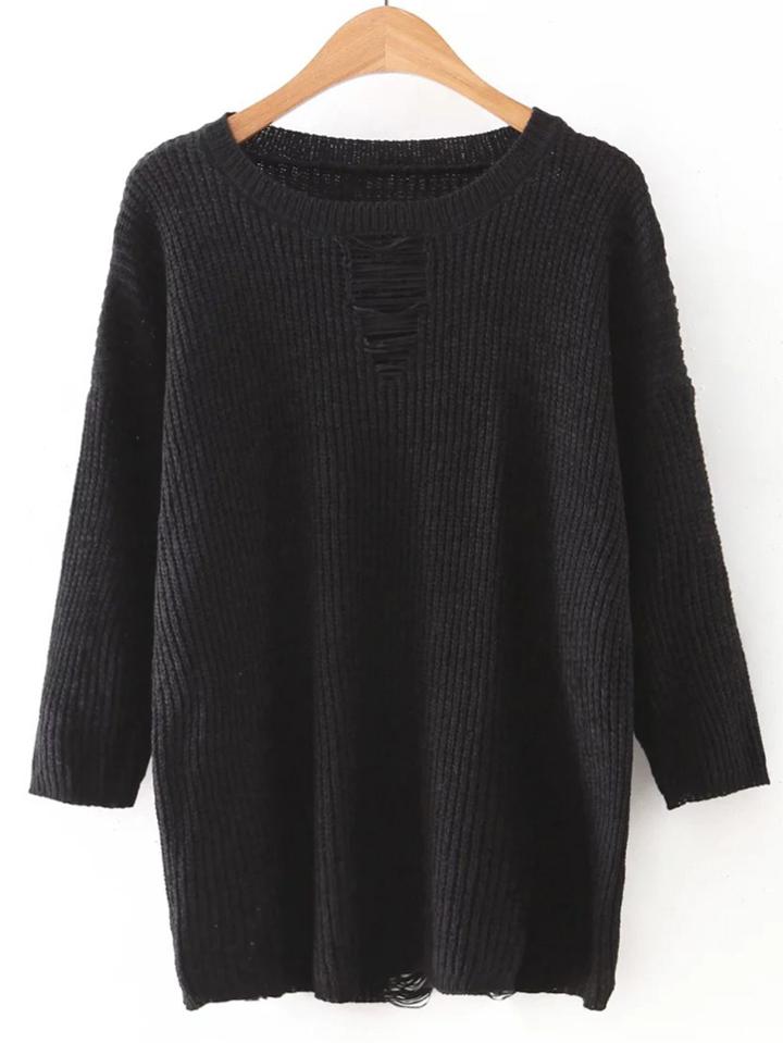 Shein Black Round Neck Ripped Front Knitwear