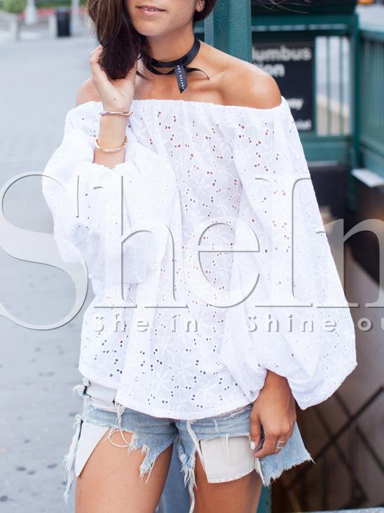 Shein White Off The Shoulder Puff Sleeve Eyelet Blouse