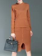 Shein Brown Pockets Knit Top With Split Skirt