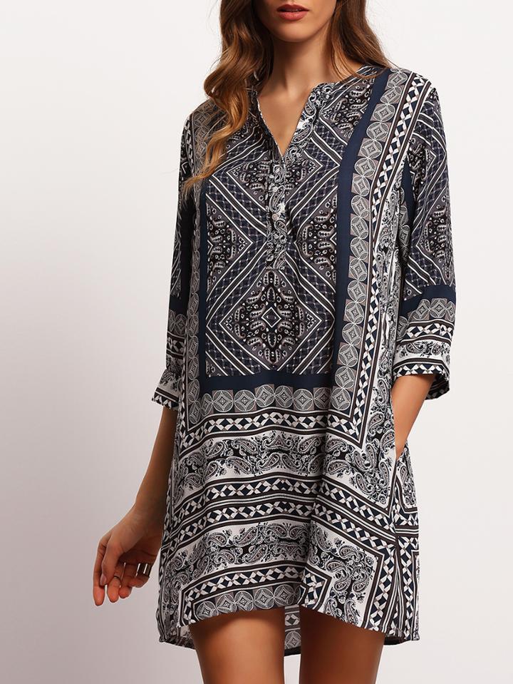 Shein Multicolor V Neck Tribal Print Shirt Dress