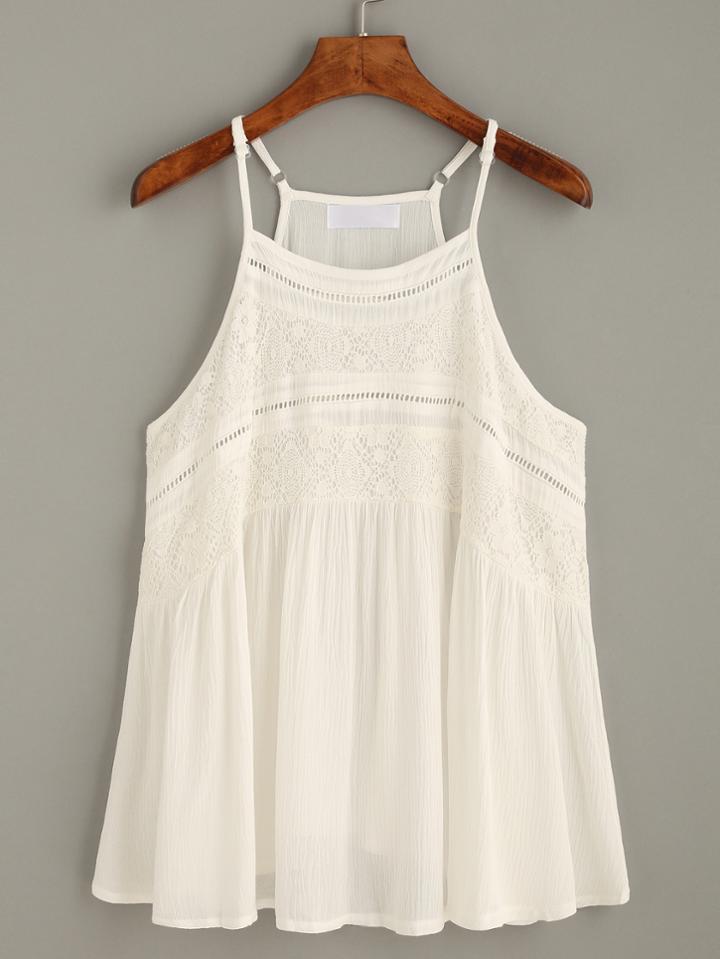 Shein White Hollow Lace Insert Cami Top
