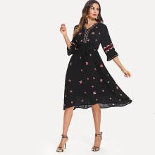 Shein Graphic Embroidered Tie Waist Dress
