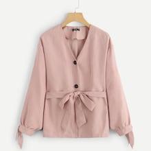 Shein Waist Belted Button Up Knot V-neck Coat