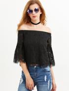 Shein Black Off The Shoulder Bell Sleeve Floral Lace Top