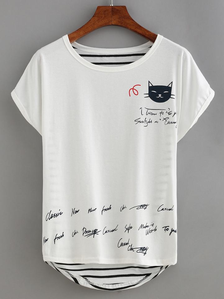 Shein Cat Print Striped Back T-shirt - White