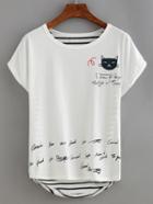 Shein Cat Print Striped Back T-shirt - White