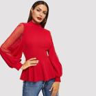 Shein Dot Mesh Insert Balloon Sleeve Peplum Top