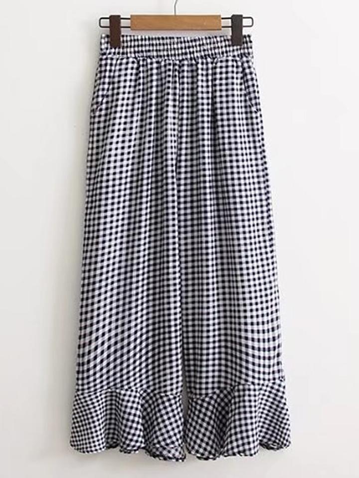 Shein Ruffle Hem Gingham Wide Leg Pants