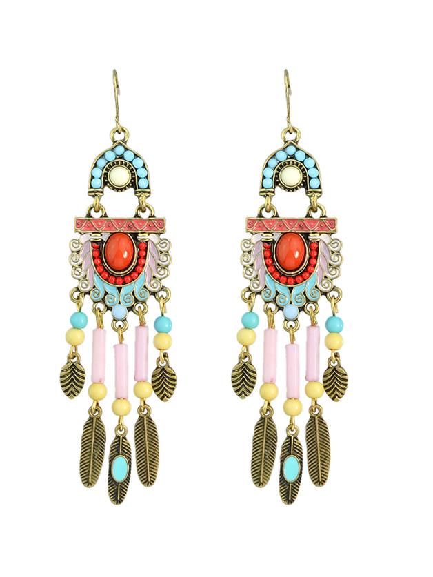 Shein Bohemian Colorful Feather Tassel Chandelier Earrings