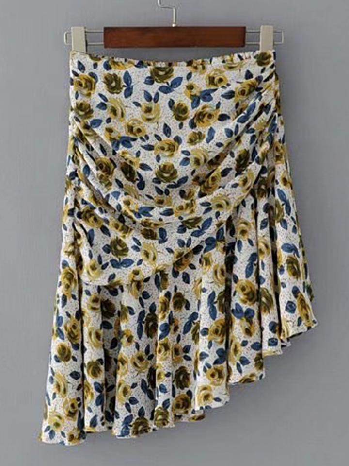Shein Floral Print Asymmetrical Ruched Skirt