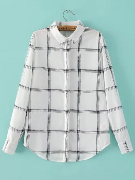 Shein White Long Sleeve Plaid Slim Blouse