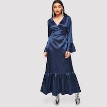 Shein Bell Sleeve Flounce Hem Satin Wrap Dress