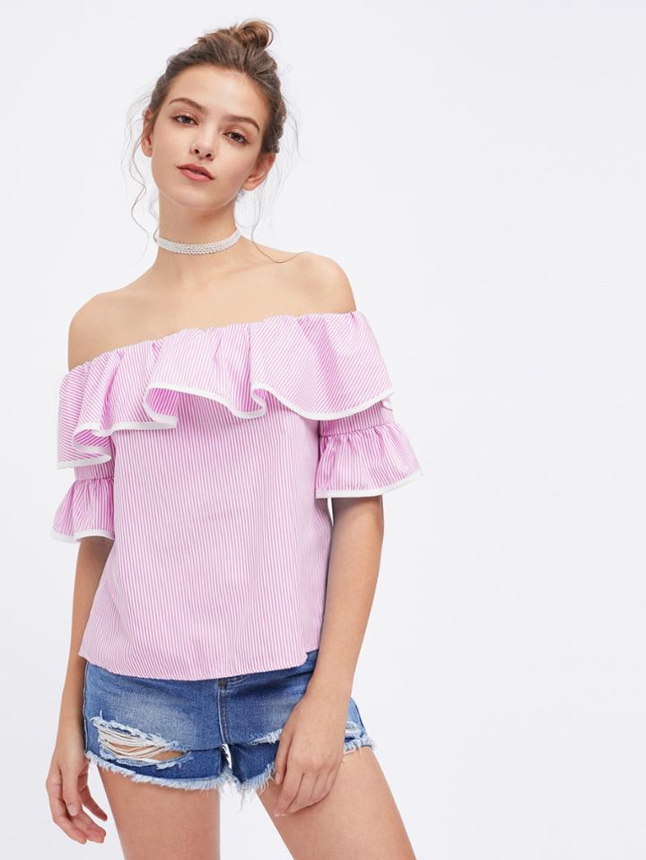 Shein Contrast Trim Flounce Layered Pinstripe Top