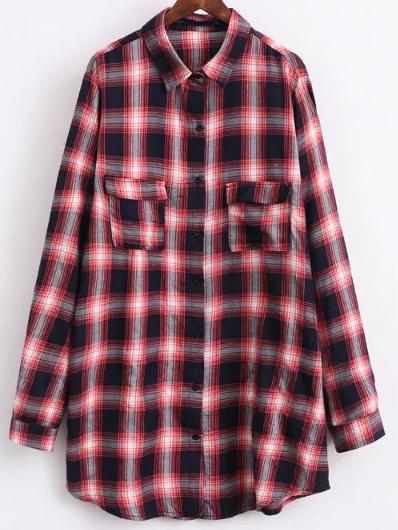 Shein Plaid Front Pocket Button Blouse