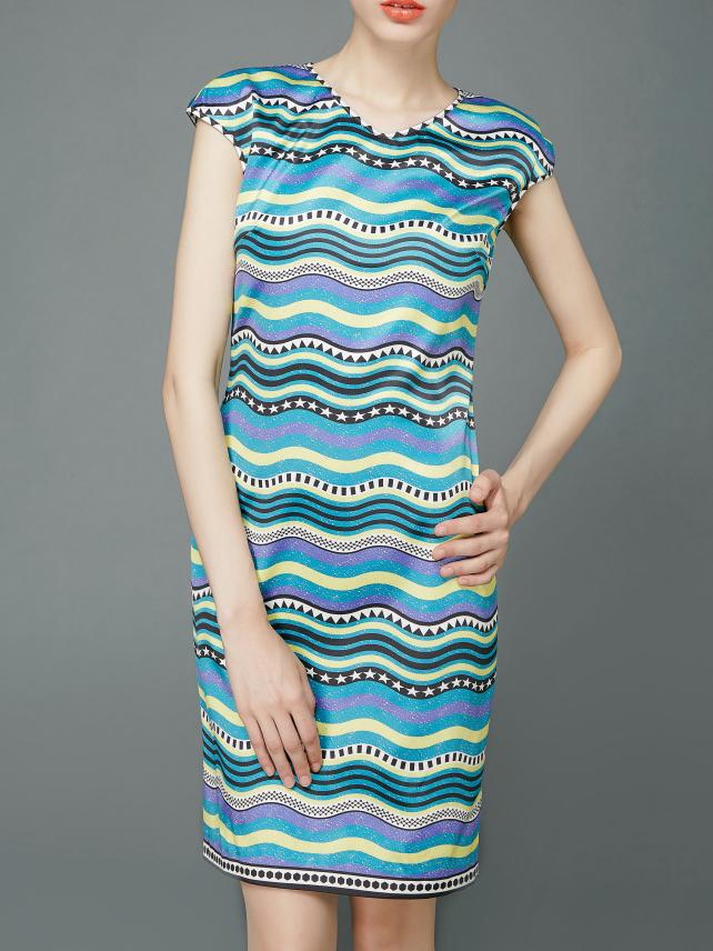 Shein Multicolor V Neck Cap Sleeve Chevron Dress