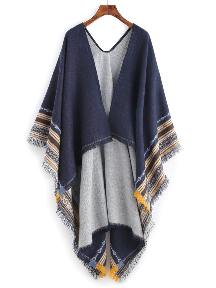 Shein Vintage Tribal Print Navy Fringe Shawl Scarf