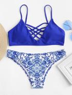 Shein Criss Cross Front Porcelain Print Bikini Set