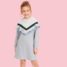 Shein Girls Ruffle Trim Chevron Hoodie Dress