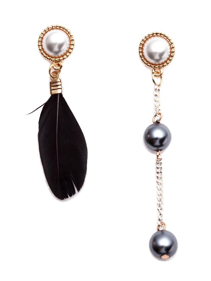 Shein Black Feather Faux Pearl Metal Ball Asymmetrical Earrings