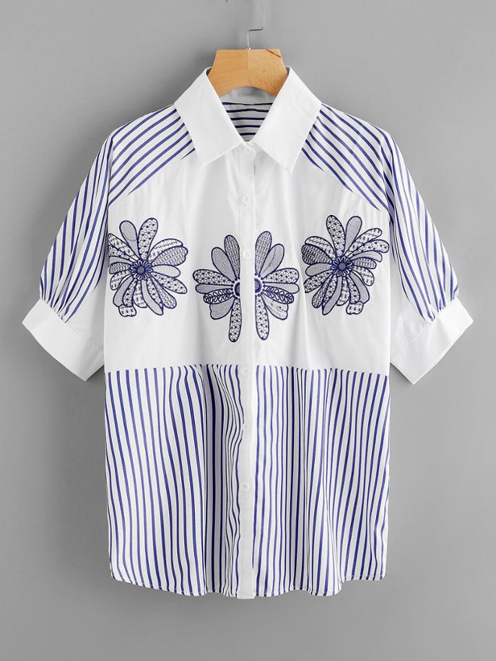 Shein Contrast Panel Embroidery Striped Shirt