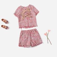 Shein Girls Bow Front Tweed Top & Shorts Set