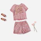 Shein Girls Bow Front Tweed Top & Shorts Set