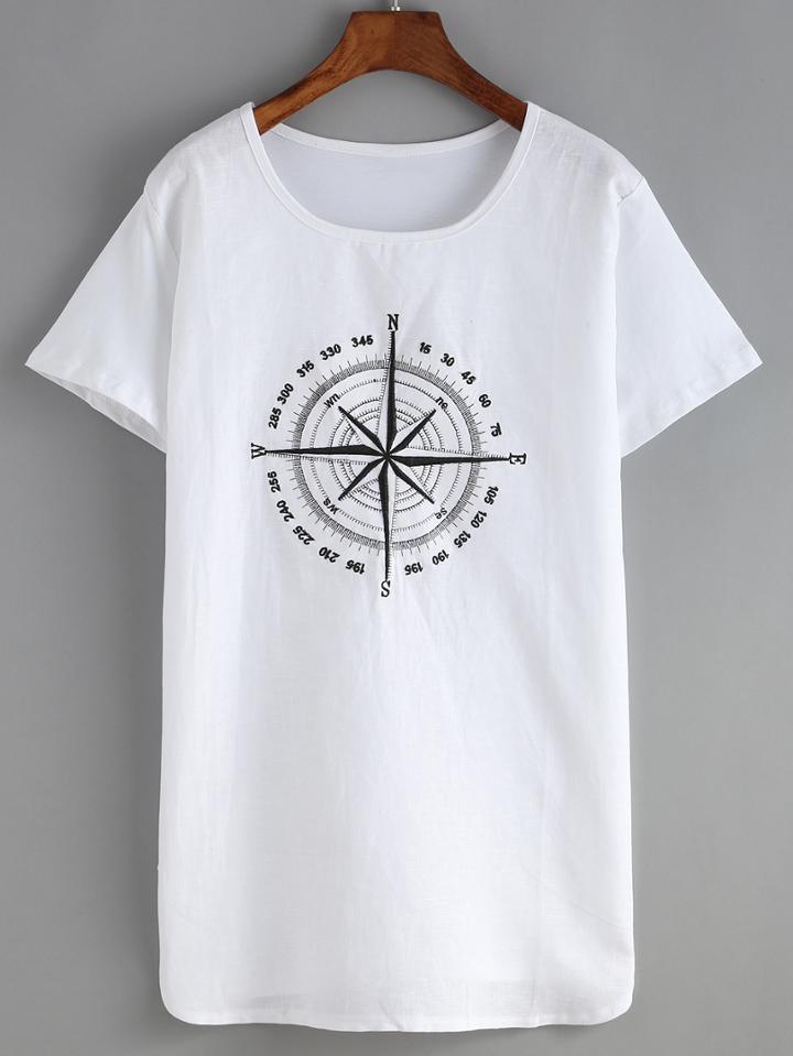 Shein White Crew Neck Compass Print T-shirt