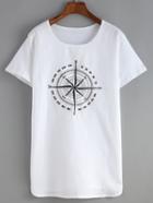 Shein White Crew Neck Compass Print T-shirt
