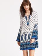 Shein Lace-up Front Fluted Sleeve Paisley Print Dress