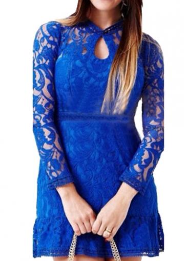 Rosewe Long Sleeve High Waist Royal Blue Lace Dress